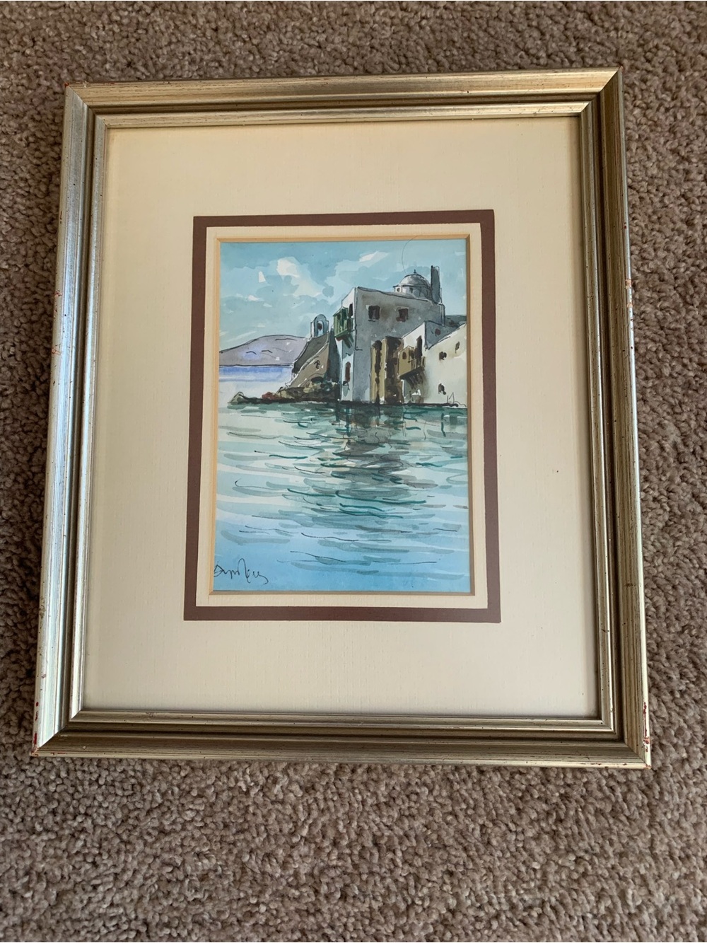 Framed Seaside Watercolor Art Print in Blue and Cream